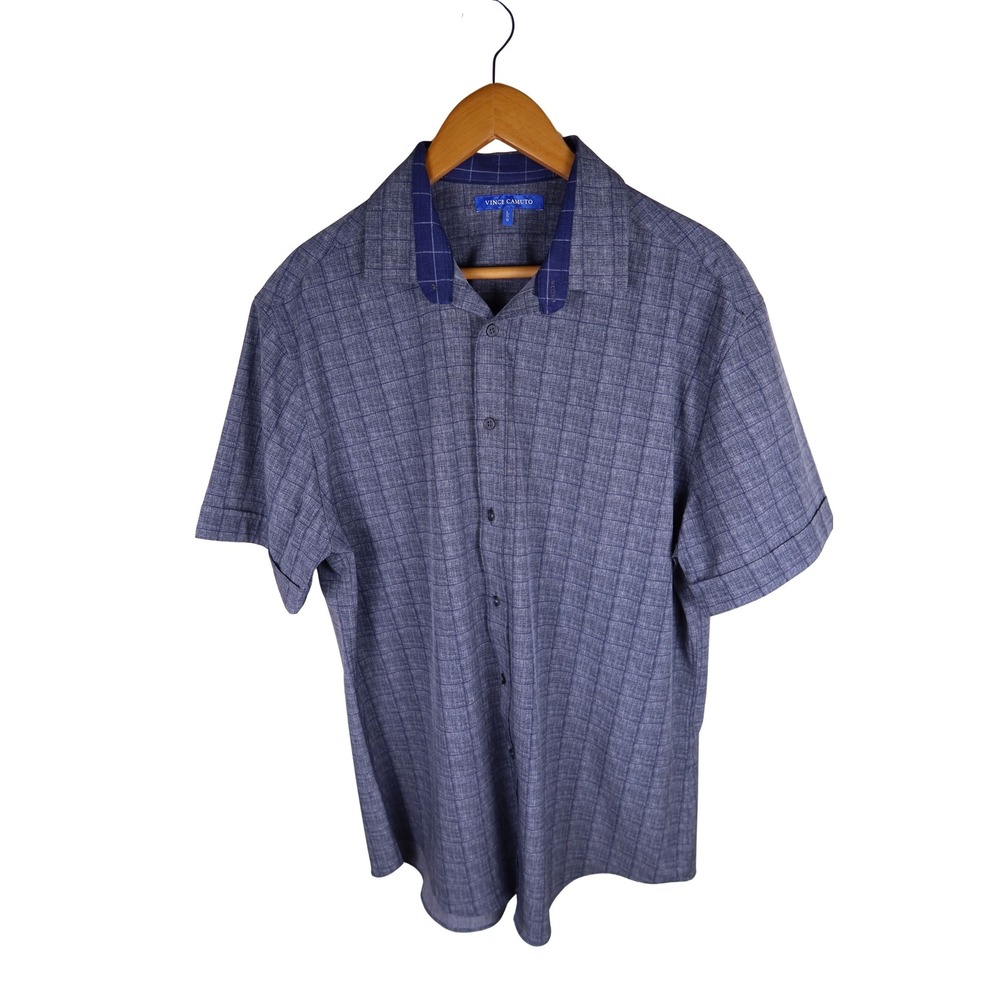 Vince Camuto Mens Large Blue Grid Short Sleeve Button Down Shirt Excellent